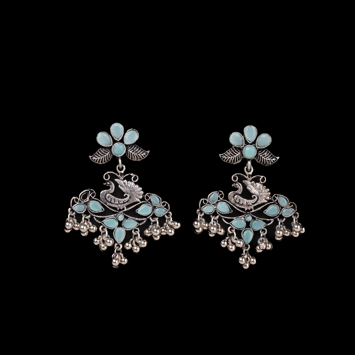 Mint Stone Studded Peacock Motif Oxidised Earrings