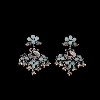 Mint Stone Studded Peacock Motif Oxidised Earrings