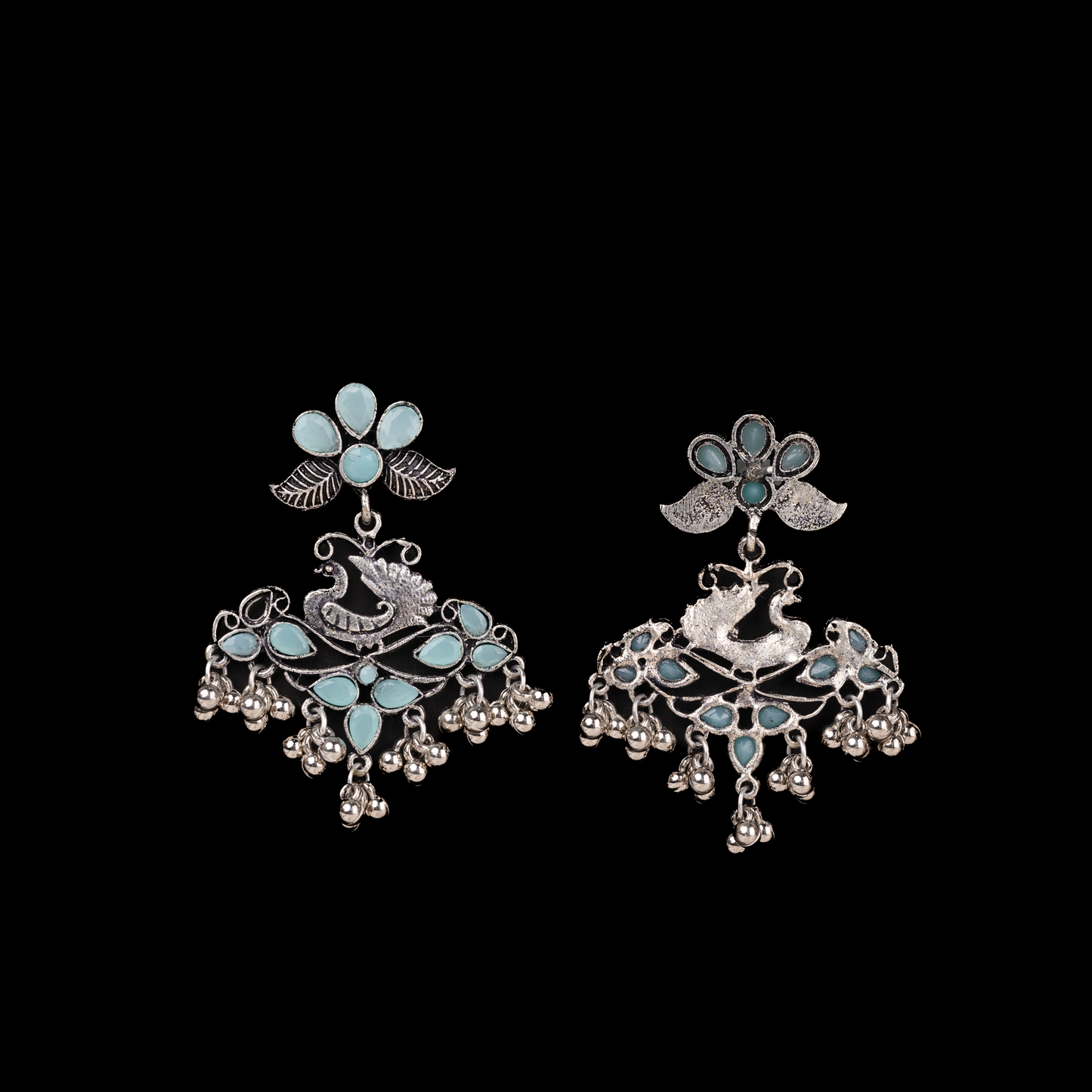 Mint Stone Studded Peacock Motif Oxidised Earrings