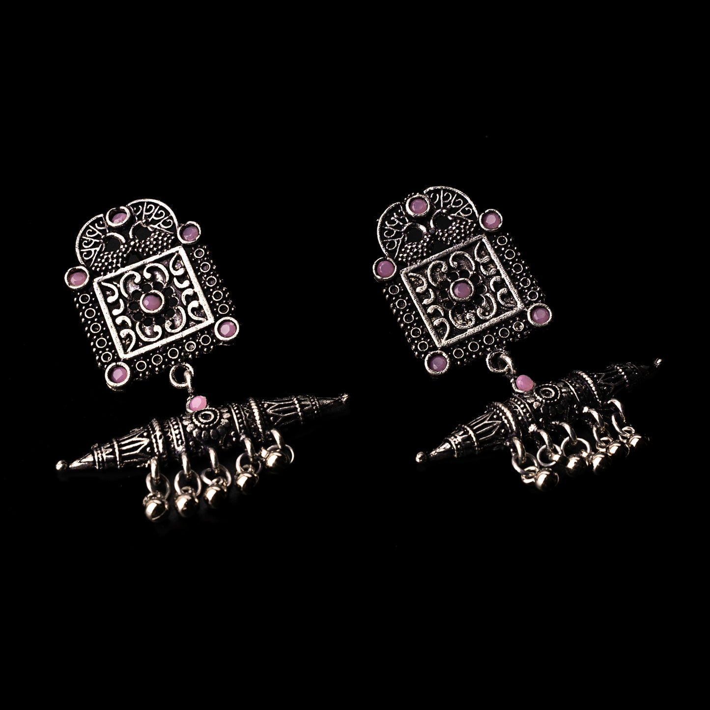 Baby Pink Stone Studded Oxidised Statement Earrings With Hanging Ghunghuroo