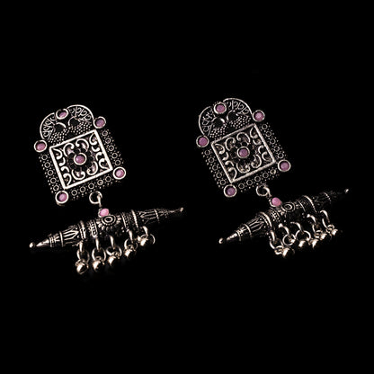 Baby Pink Stone Studded Oxidised Statement Earrings With Hanging Ghunghuroo