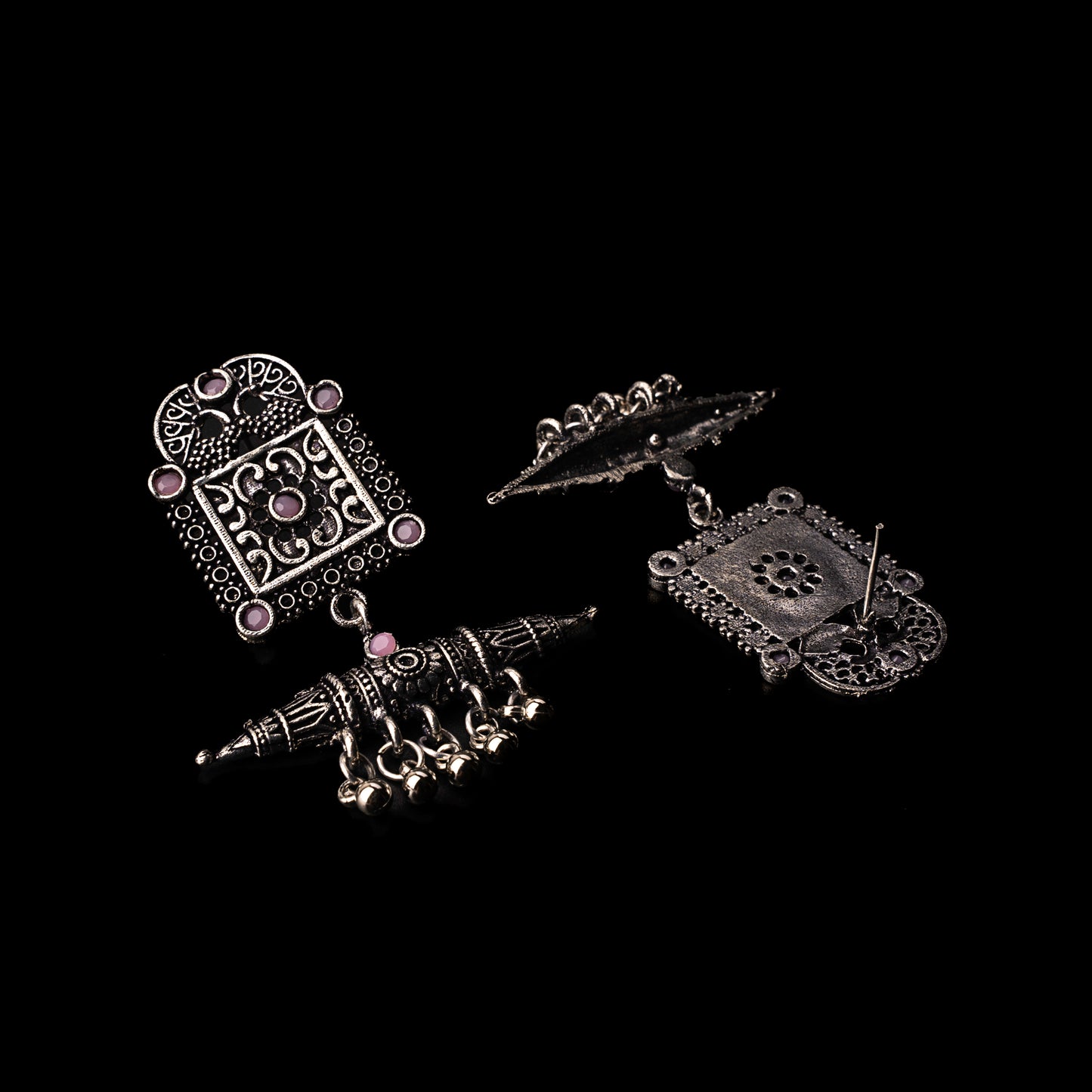 Baby Pink Stone Studded Oxidised Statement Earrings With Hanging Ghunghuroo