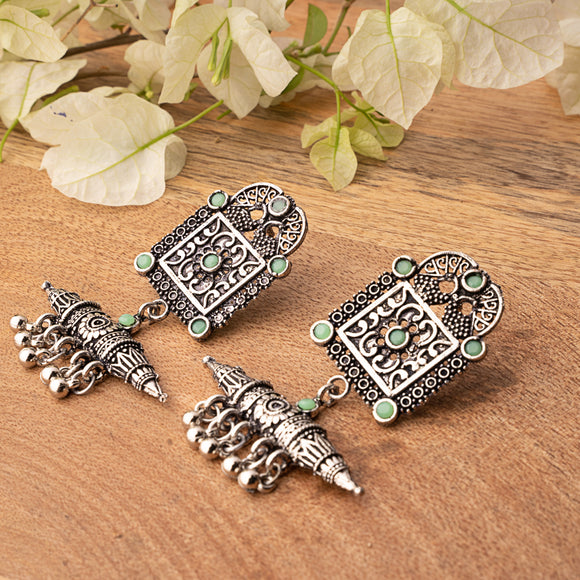 Pista Stone Studded Oxidised Statement Earrings With Hanging Ghunghuroo