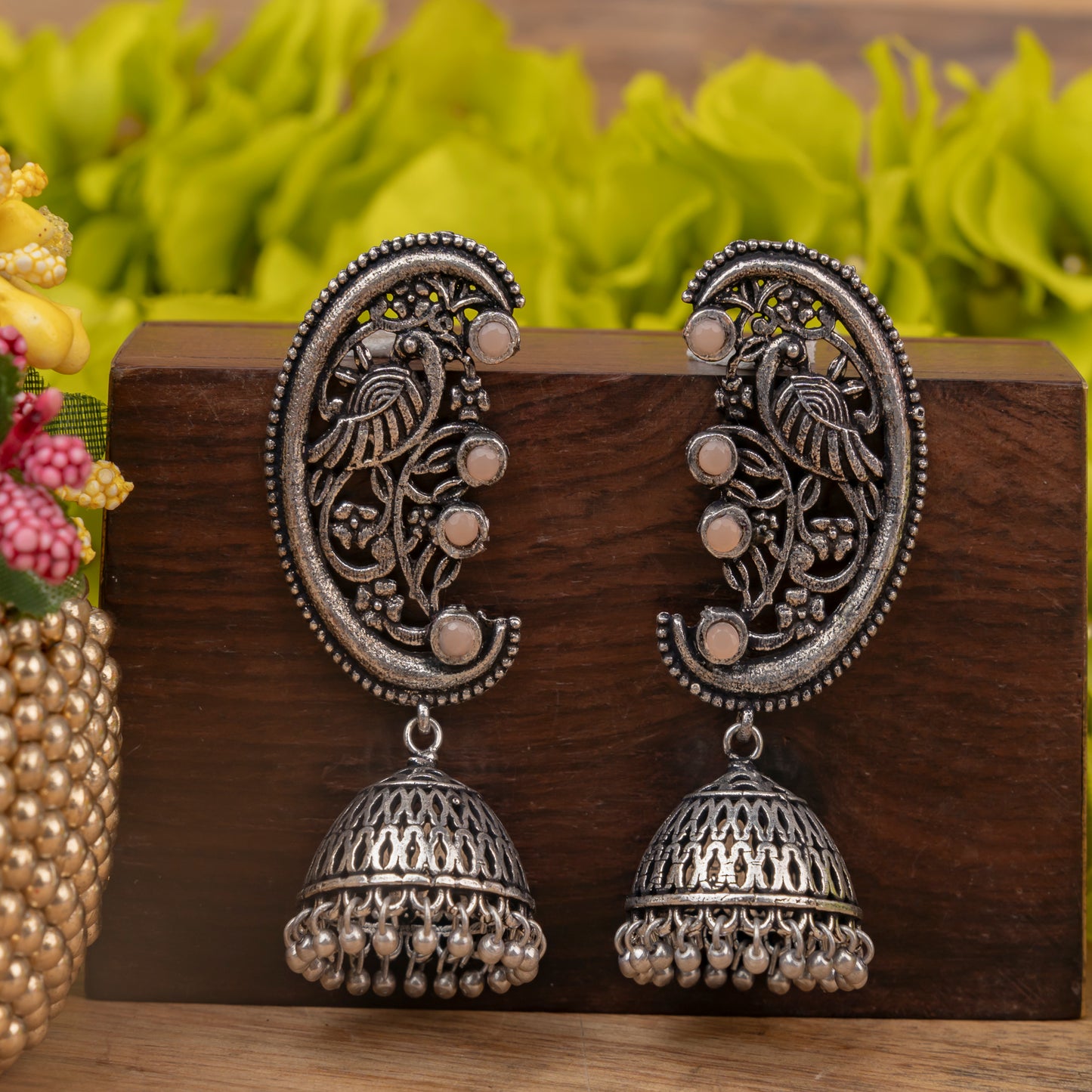 Light Orangish Stone Studded Statement Dangler Earrings