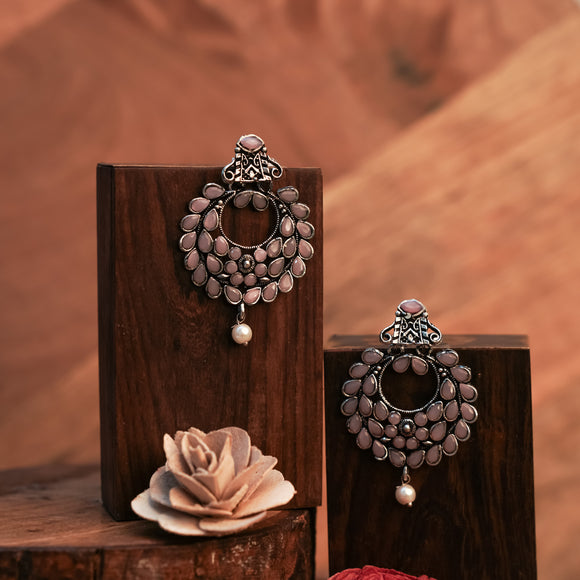 Baby Pink Stone Studded Oxidized Danglers