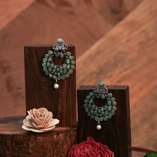 Mint Stone Studded Oxidized Danglers