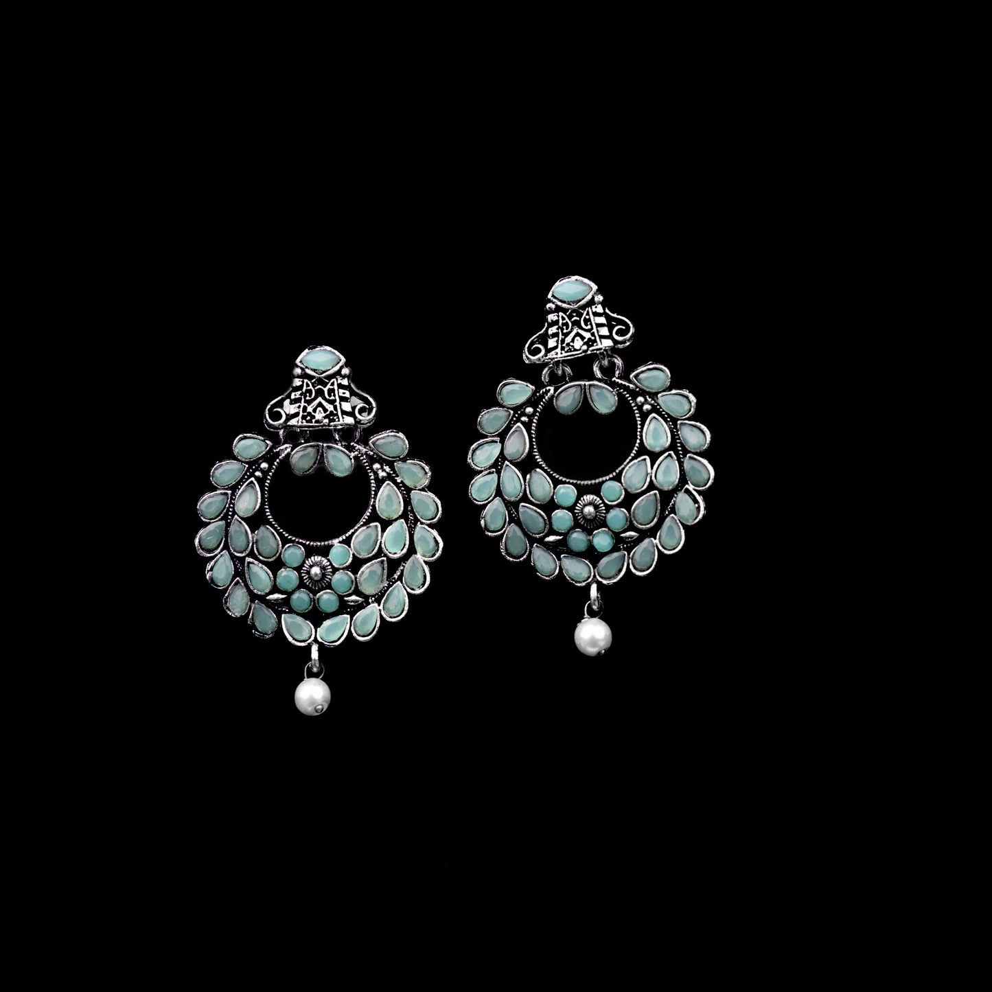 Mint Stone Studded Oxidized Danglers