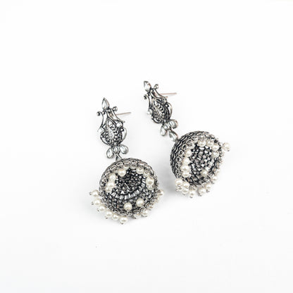 White Stone Studded Intricate Danglers With Hanging Jhumki