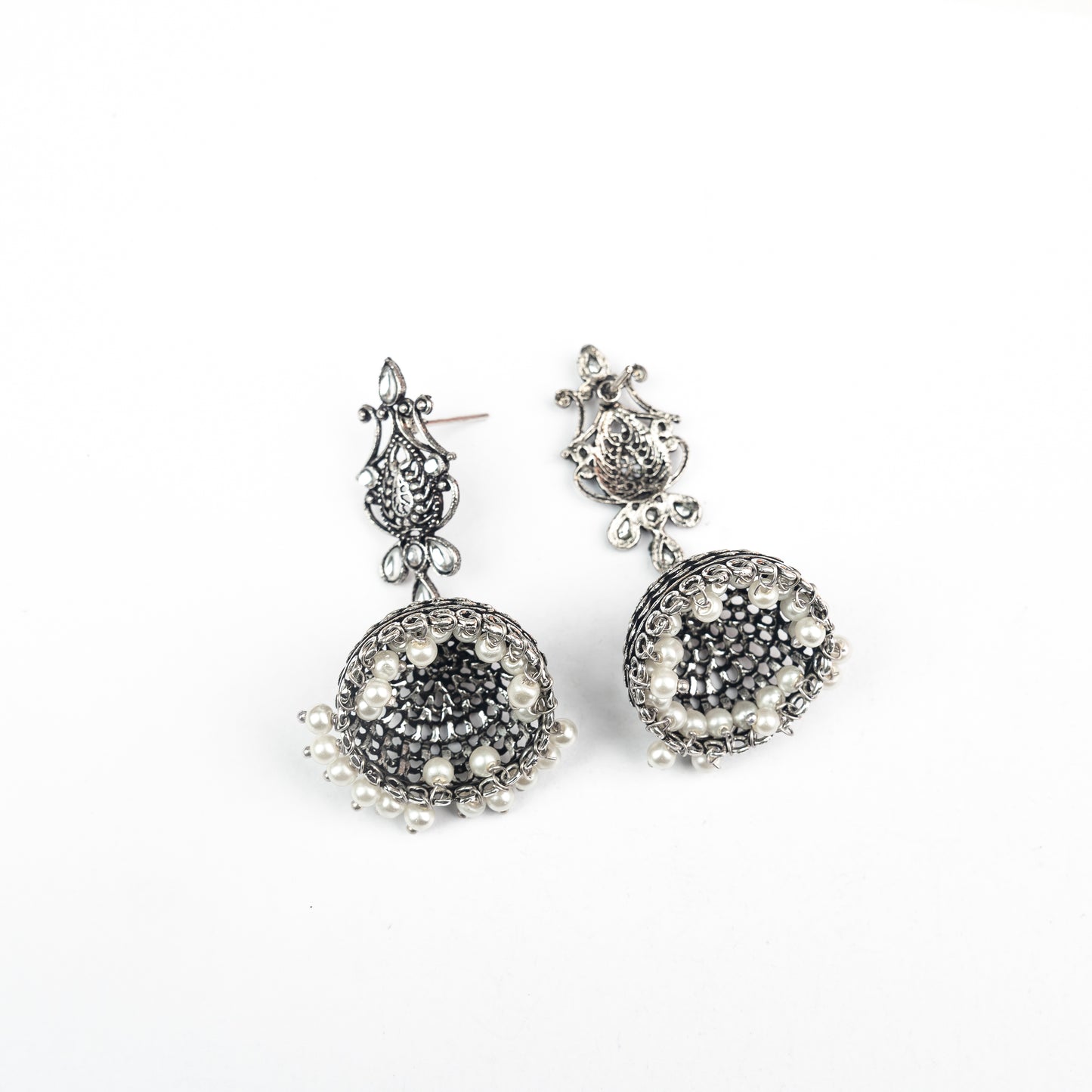 White Stone Studded Intricate Danglers With Hanging Jhumki