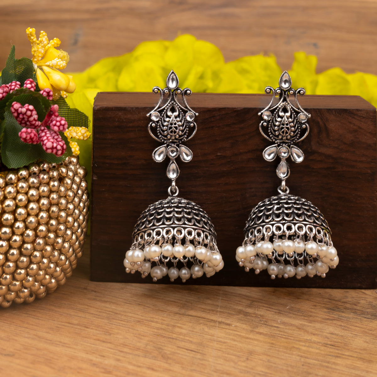 Light Orangish Stone Studded Intricate Danglers With Hanging Jhumki