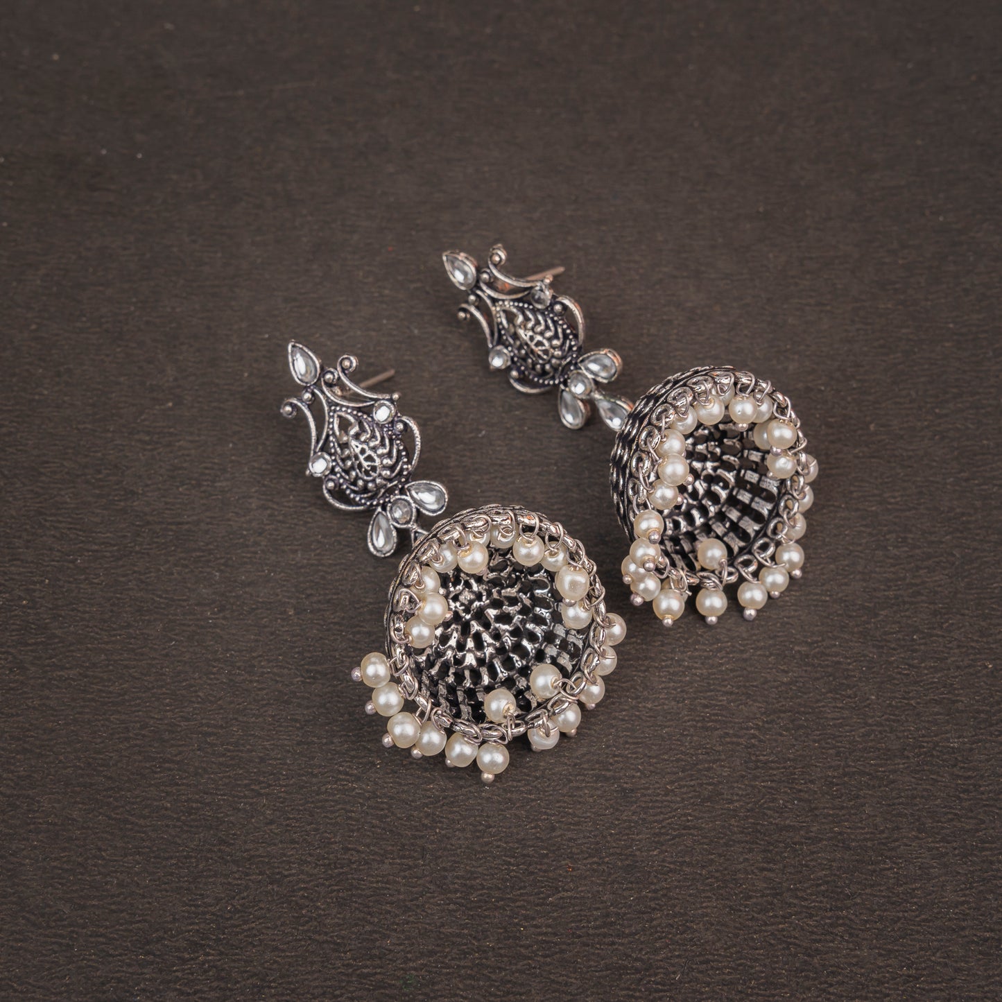 White Stone Studded Intricate Danglers With Hanging Jhumki