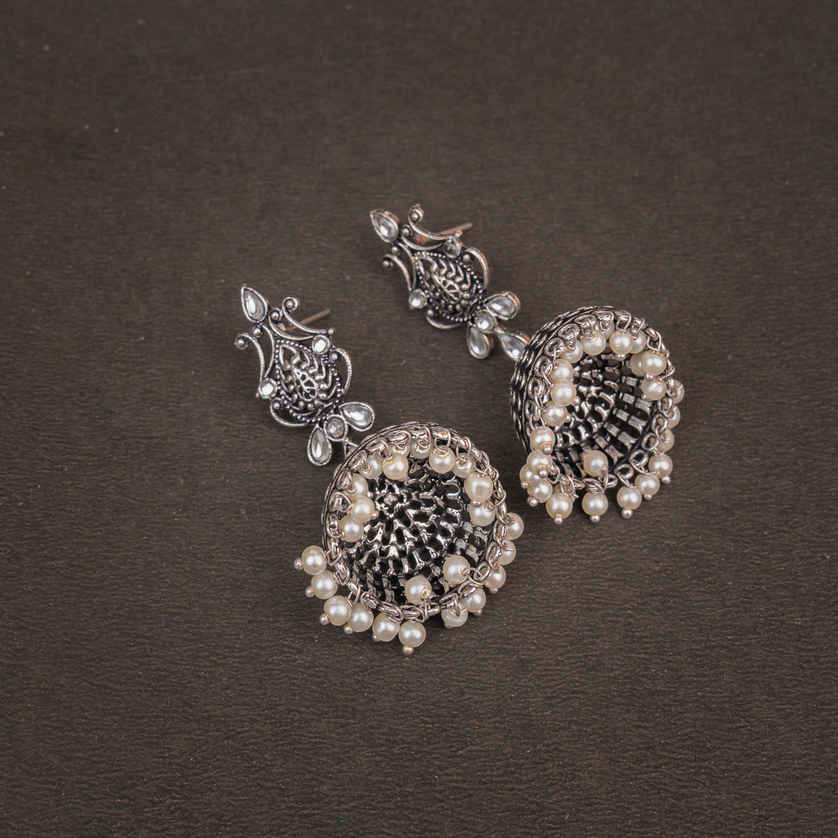 Light Orangish Stone Studded Intricate Danglers With Hanging Jhumki