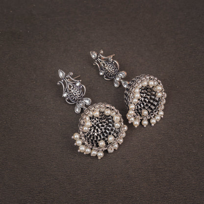 Light Orangish Stone Studded Intricate Danglers With Hanging Jhumki