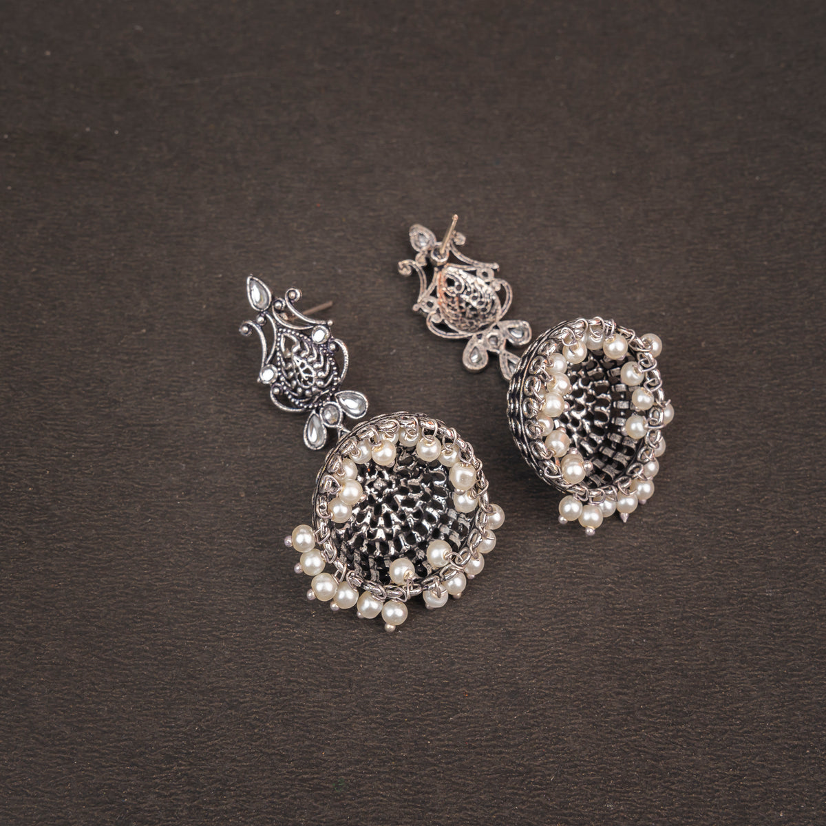 Light Orangish Stone Studded Intricate Danglers With Hanging Jhumki