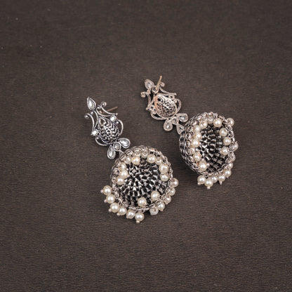 Light Orangish Stone Studded Intricate Danglers With Hanging Jhumki