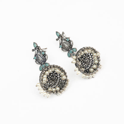 Mint Stone Studded Intricate Danglers With Hanging Jhumki
