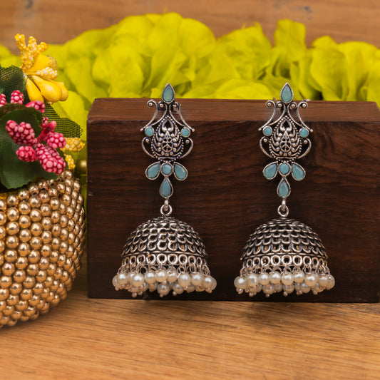 Mint Stone Studded Intricate Danglers With Hanging Jhumki