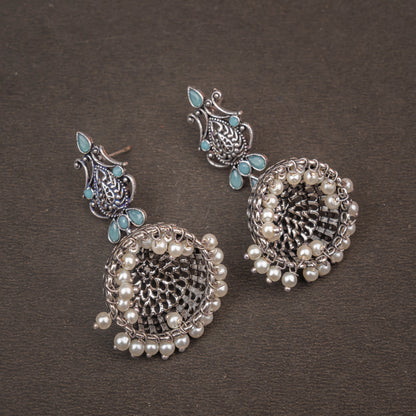 Mint Stone Studded Intricate Danglers With Hanging Jhumki