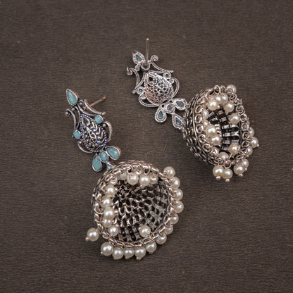 Mint Stone Studded Intricate Danglers With Hanging Jhumki