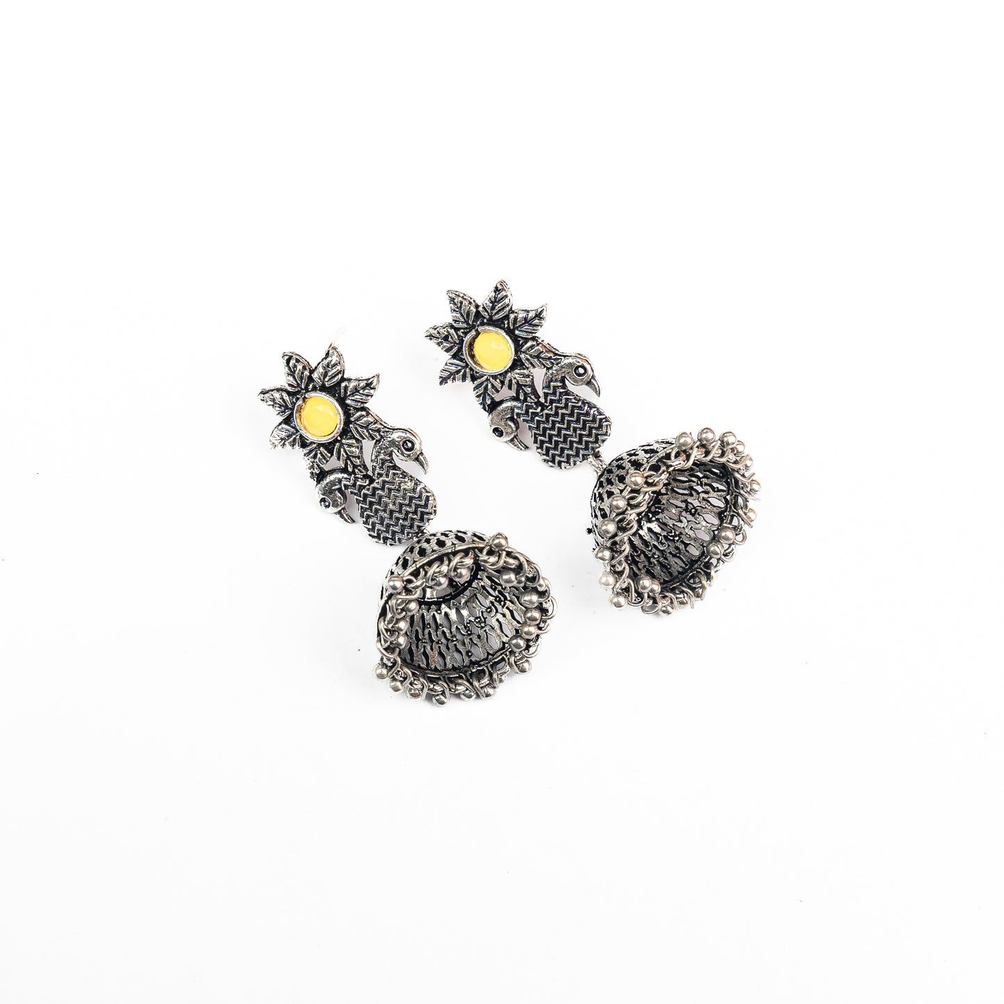 Yellow Stone Studded Intricate Danglers With Hanging Jhumki