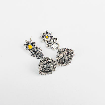 Yellow Stone Studded Intricate Danglers With Hanging Jhumki