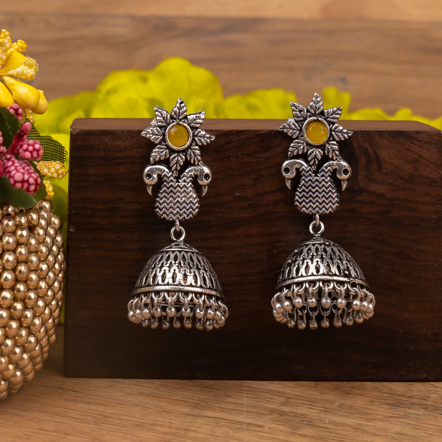 Yellow Stone Studded Intricate Danglers With Hanging Jhumki
