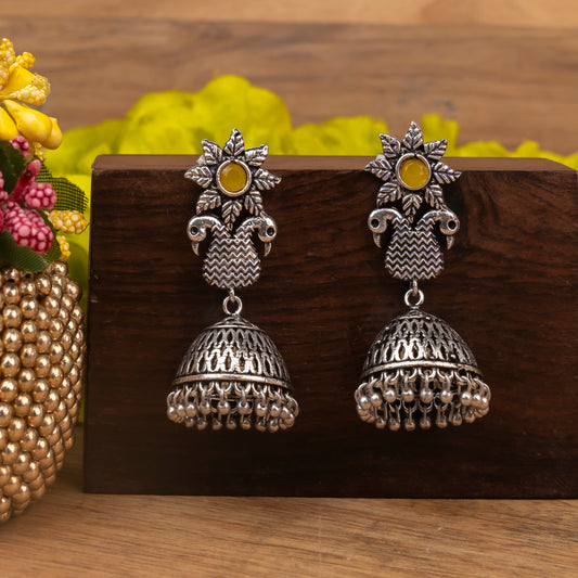 Yellow Stone Studded Intricate Danglers With Hanging Jhumki