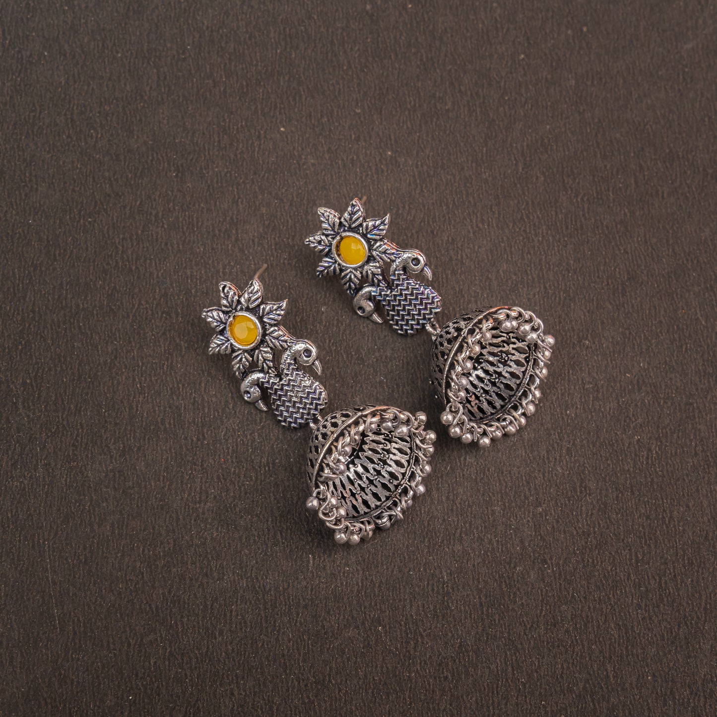 Yellow Stone Studded Intricate Danglers With Hanging Jhumki