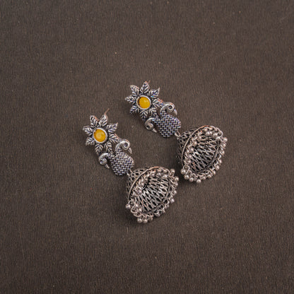 Yellow Stone Studded Intricate Danglers With Hanging Jhumki