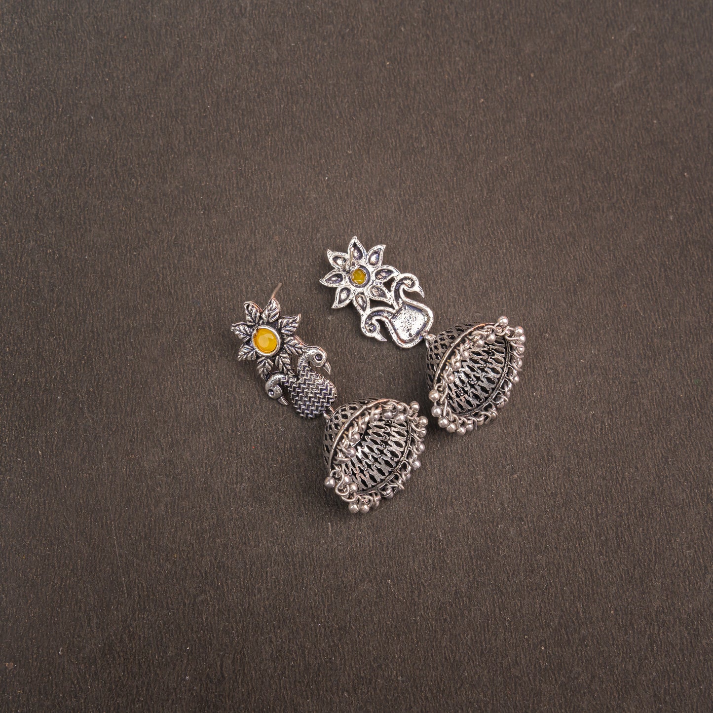 Yellow Stone Studded Intricate Danglers With Hanging Jhumki