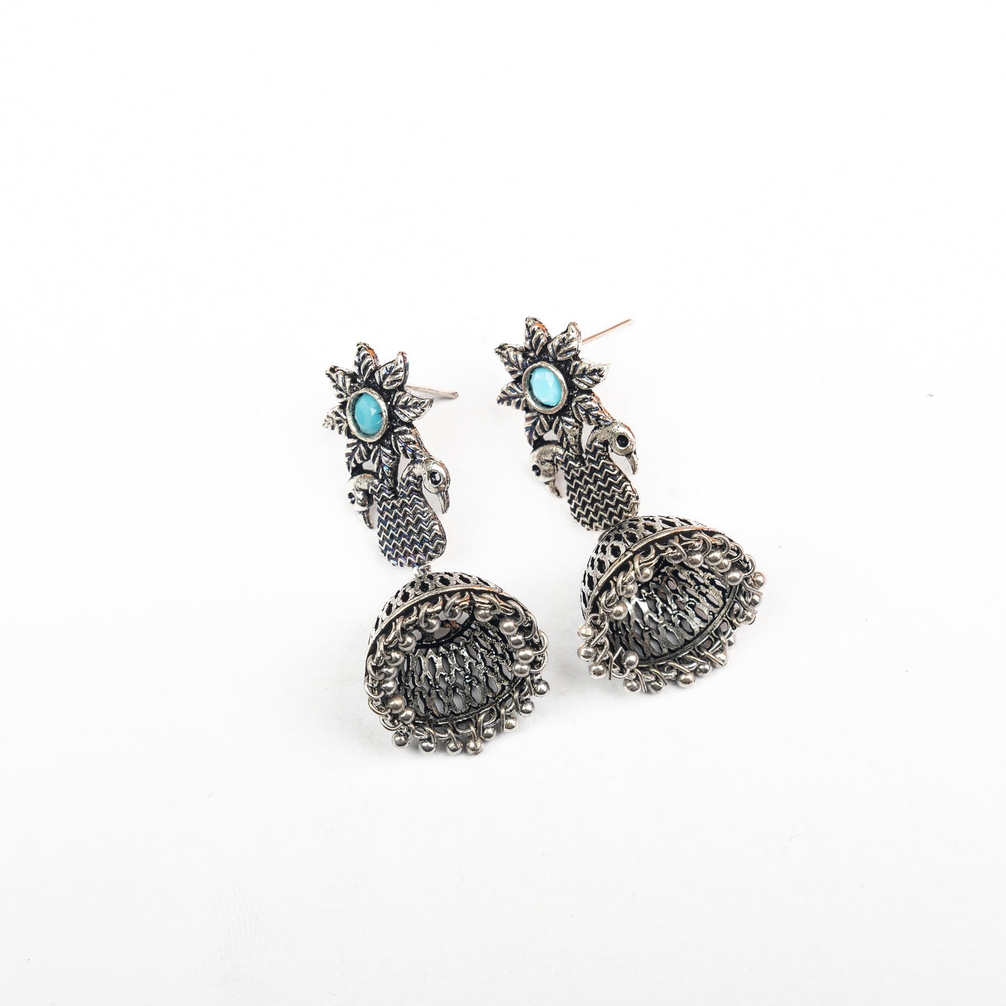 Sky Blue Stone Studded Intricate Danglers With Hanging Jhumki