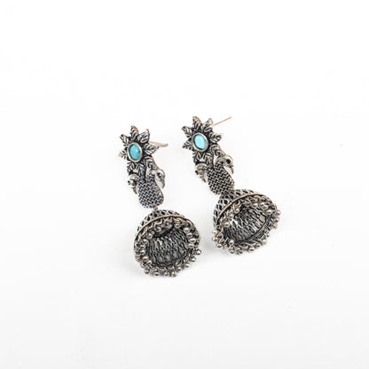 Sky Blue Stone Studded Intricate Danglers With Hanging Jhumki