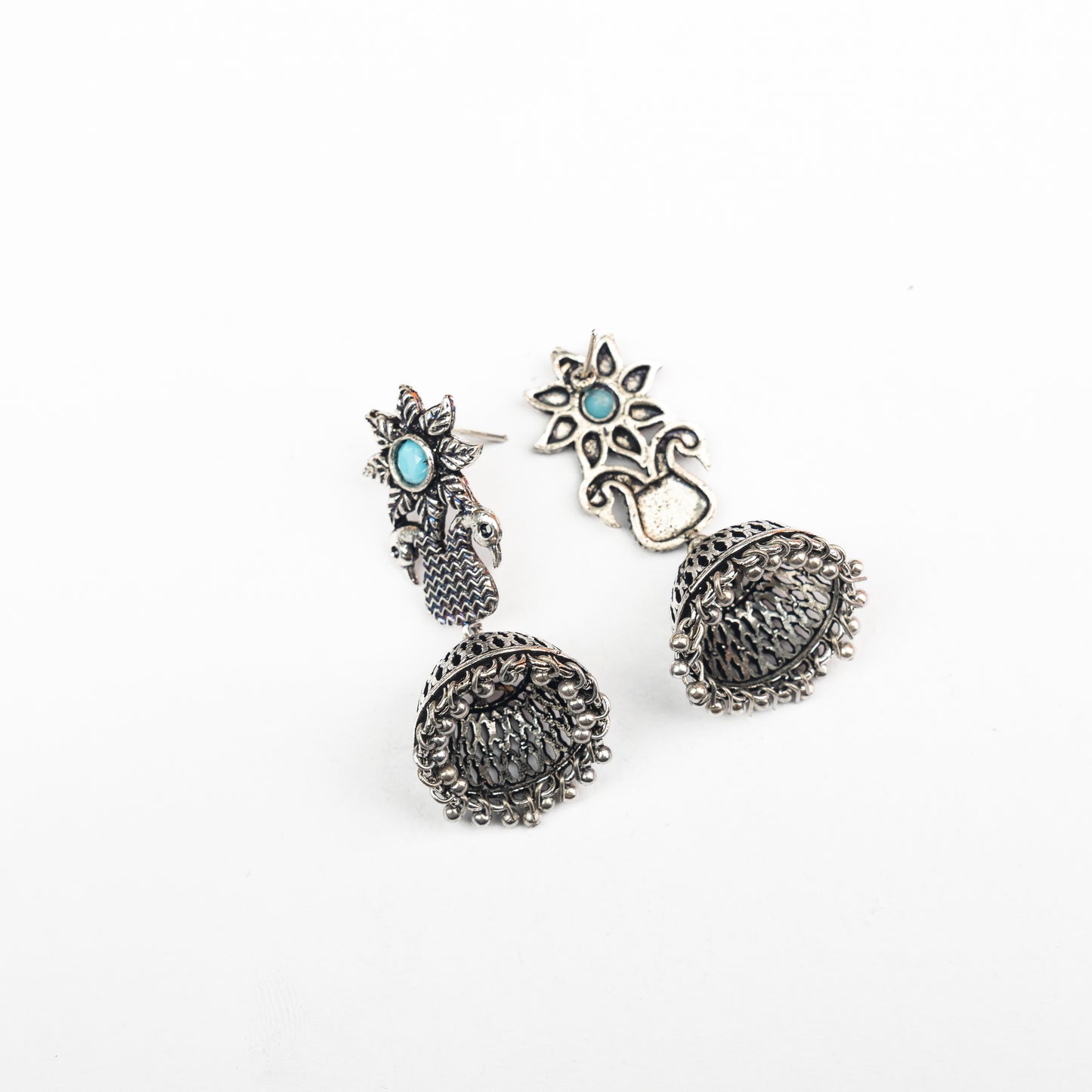 Sky Blue Stone Studded Intricate Danglers With Hanging Jhumki