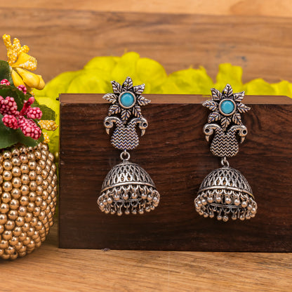 Sky Blue Stone Studded Intricate Danglers With Hanging Jhumki