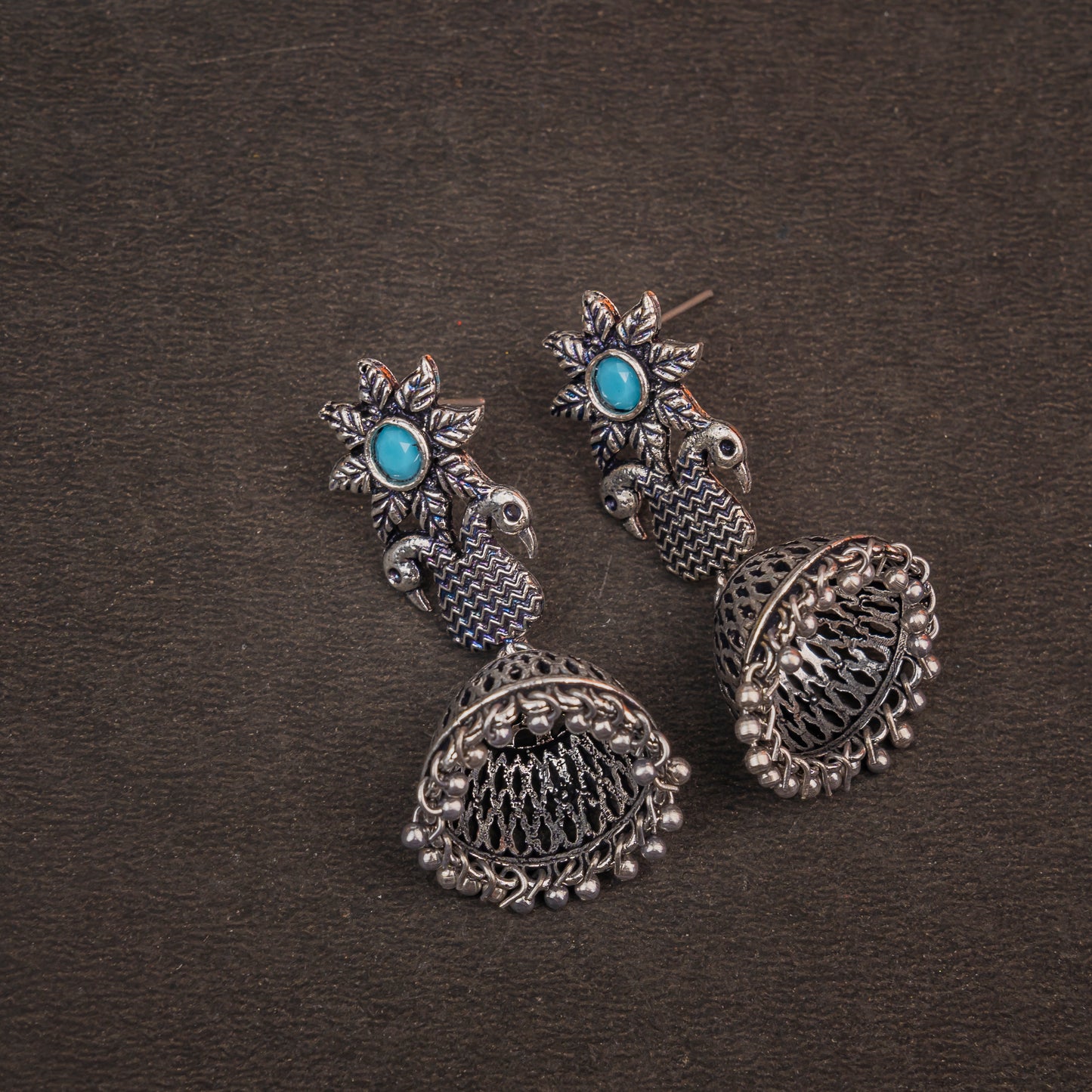 Sky Blue Stone Studded Intricate Danglers With Hanging Jhumki
