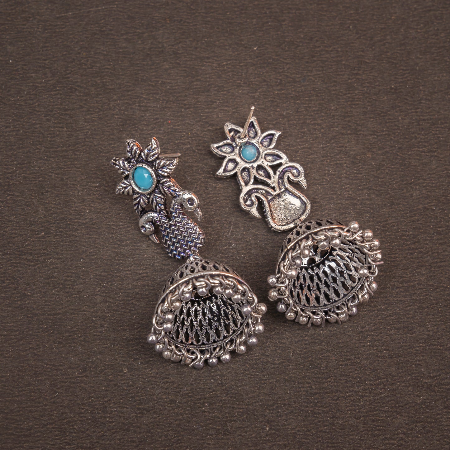 Sky Blue Stone Studded Intricate Danglers With Hanging Jhumki