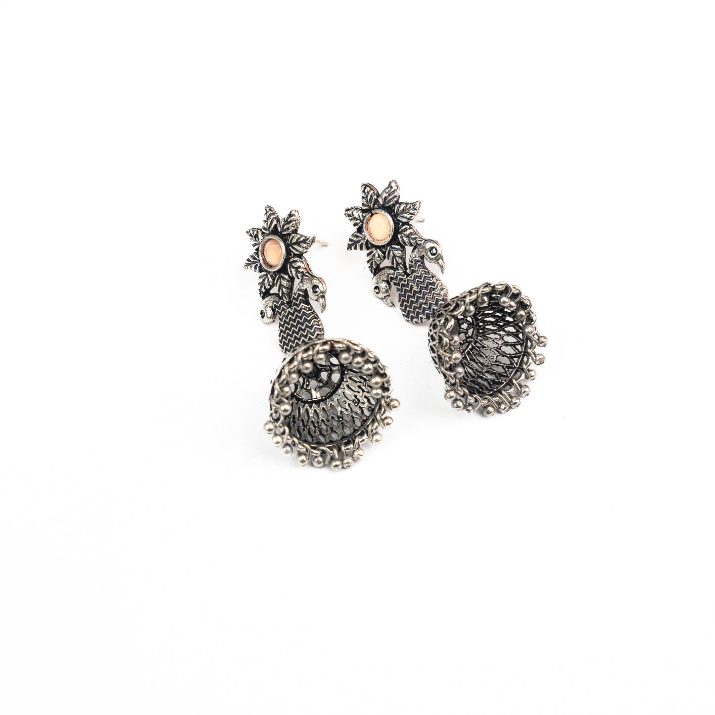 Light Orangish Stone Studded Intricate Danglers With Hanging Jhumki