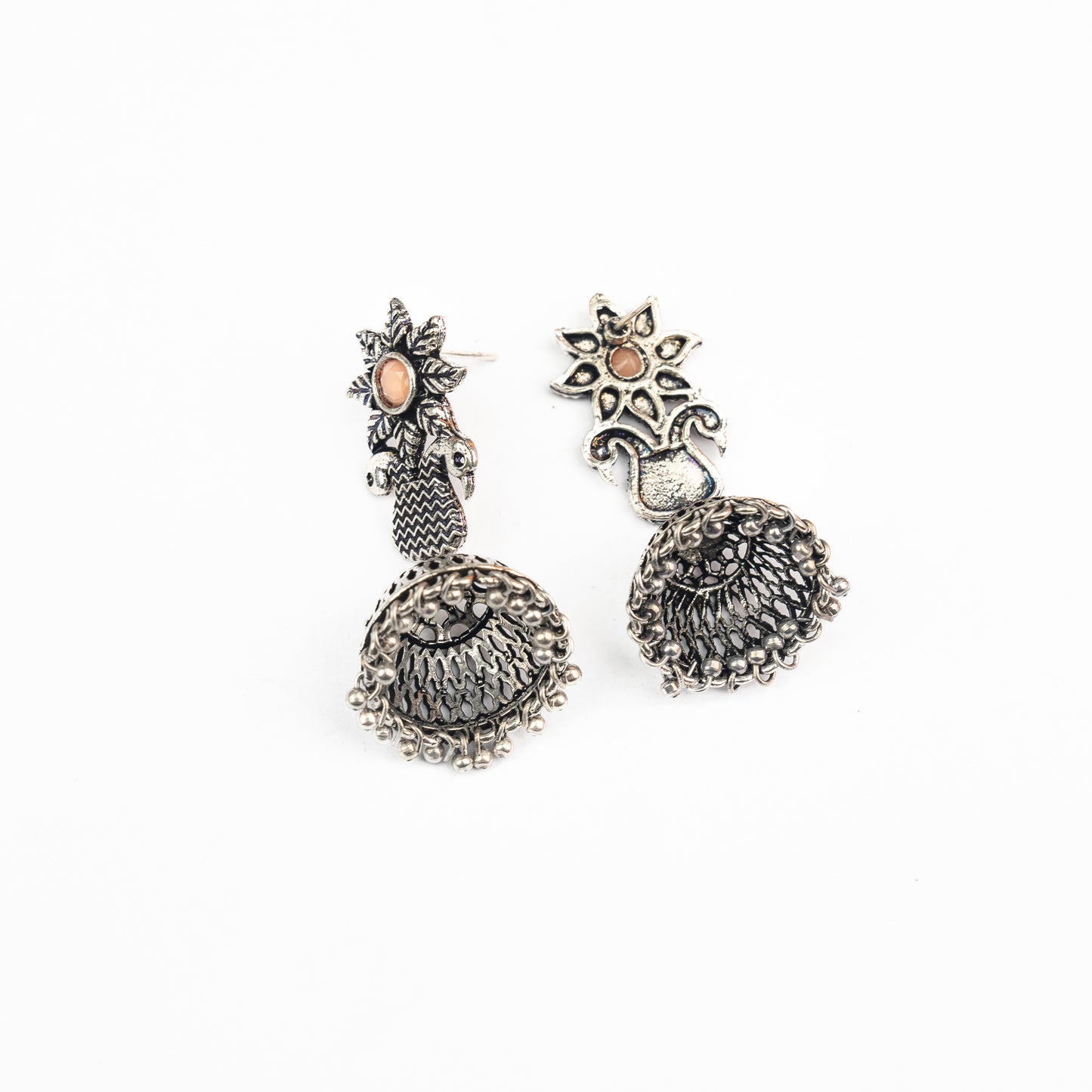 Light Orangish Stone Studded Intricate Danglers With Hanging Jhumki