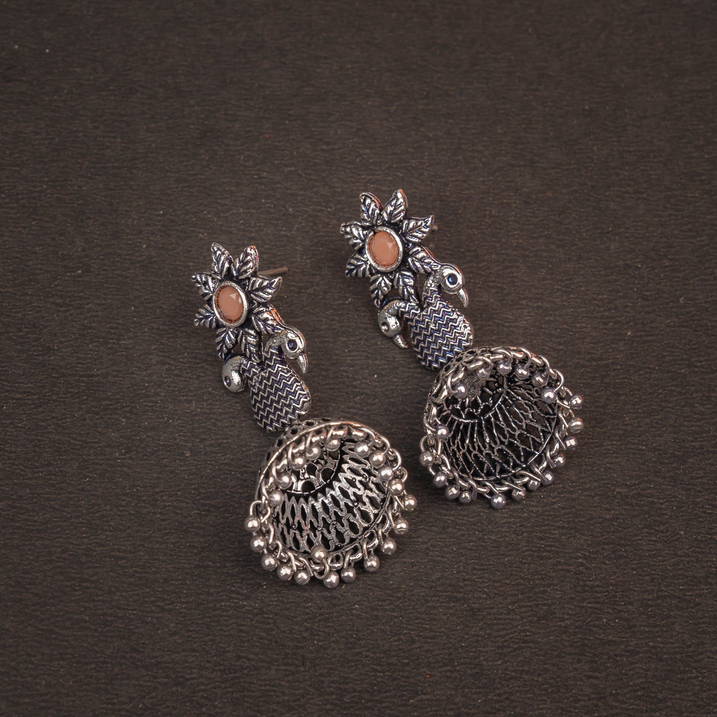 Light Orangish Stone Studded Intricate Danglers With Hanging Jhumki