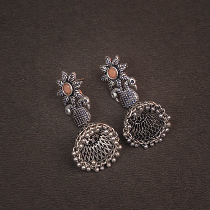 Light Orangish Stone Studded Intricate Danglers With Hanging Jhumki