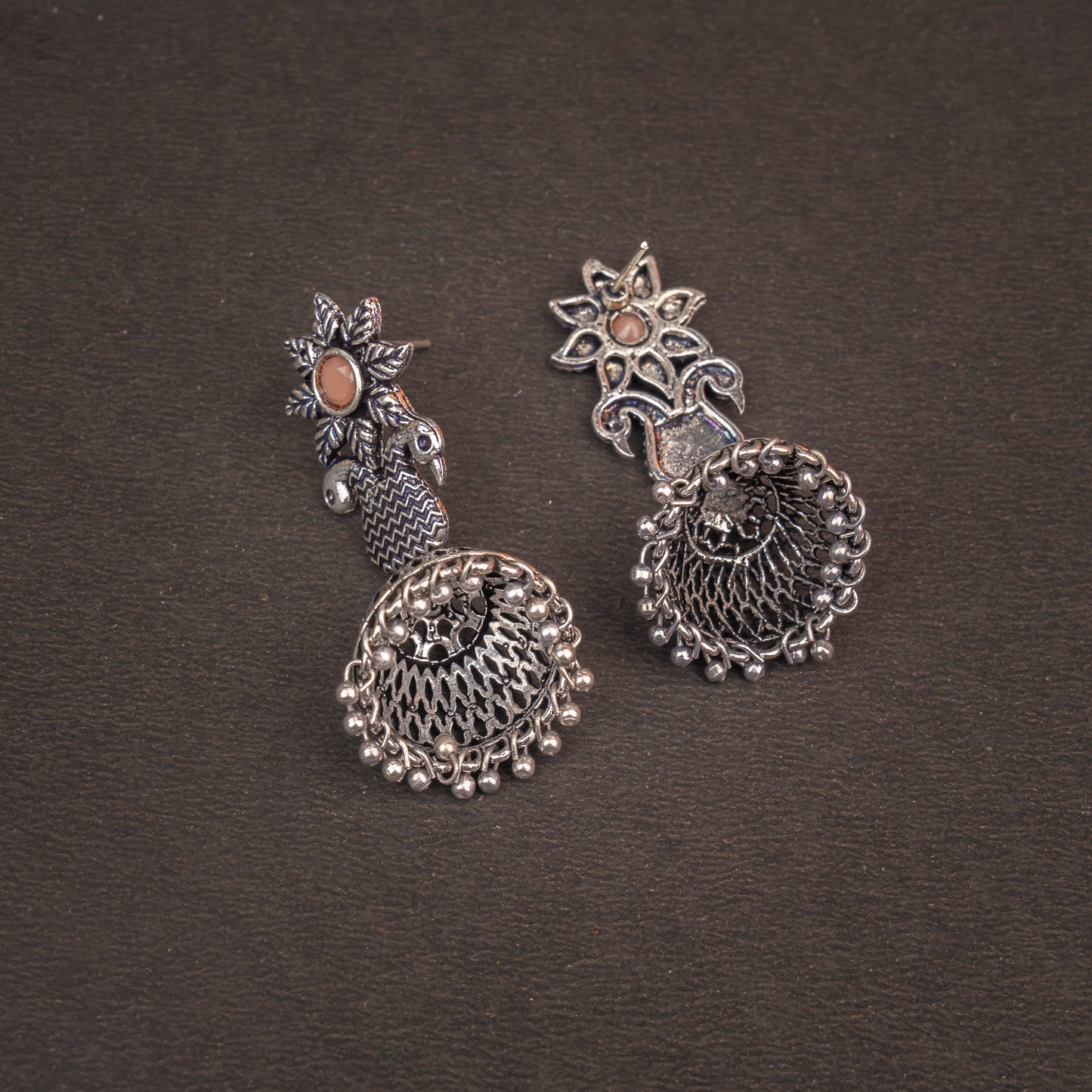 Light Orangish Stone Studded Intricate Danglers With Hanging Jhumki