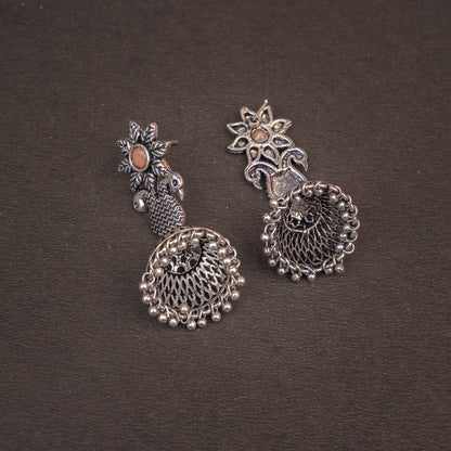 Light Orangish Stone Studded Intricate Danglers With Hanging Jhumki