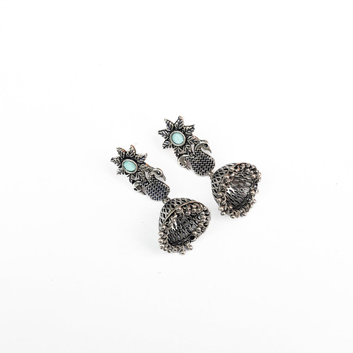 Mint Stone Studded Intricate Danglers With Hanging Jhumki