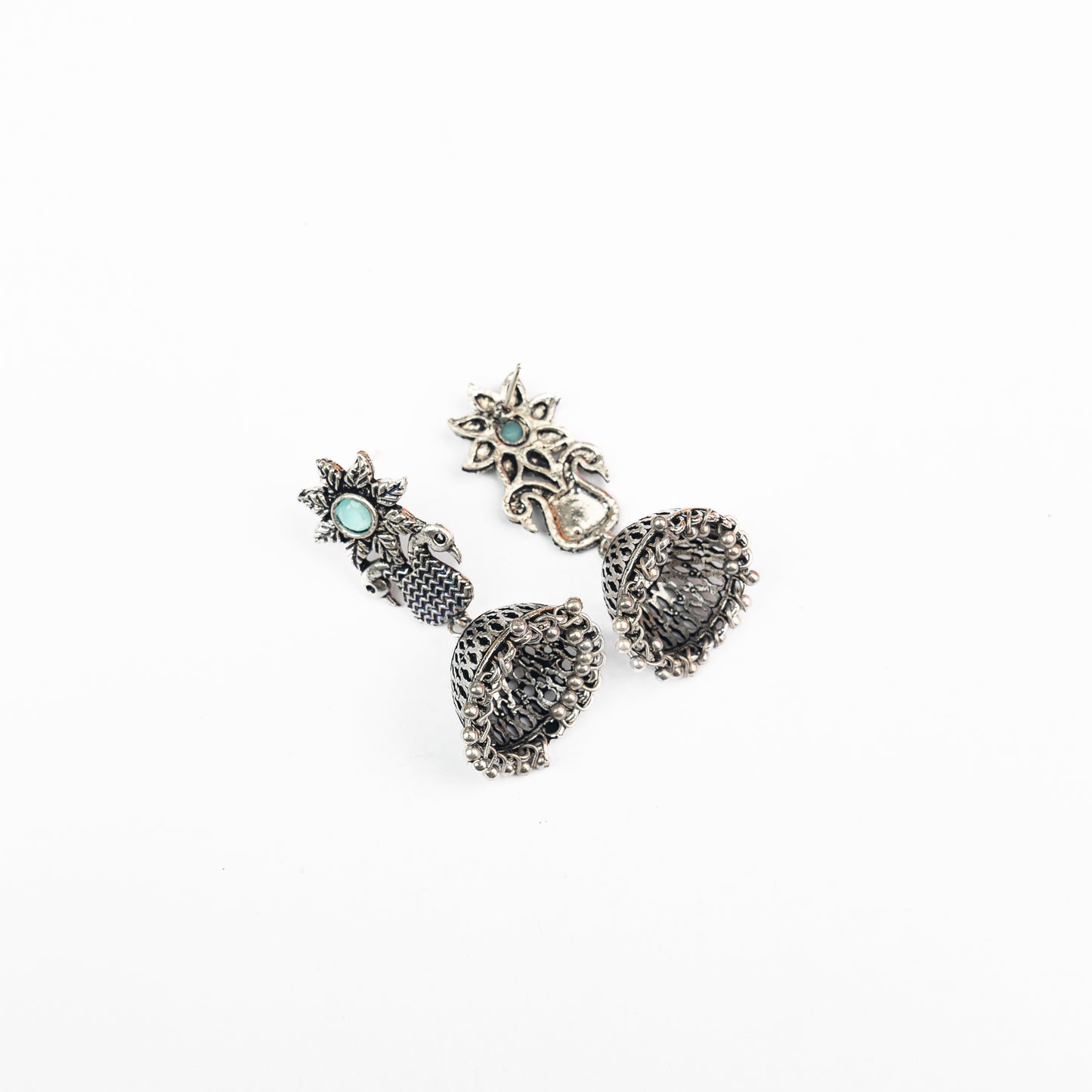 Mint Stone Studded Intricate Danglers With Hanging Jhumki