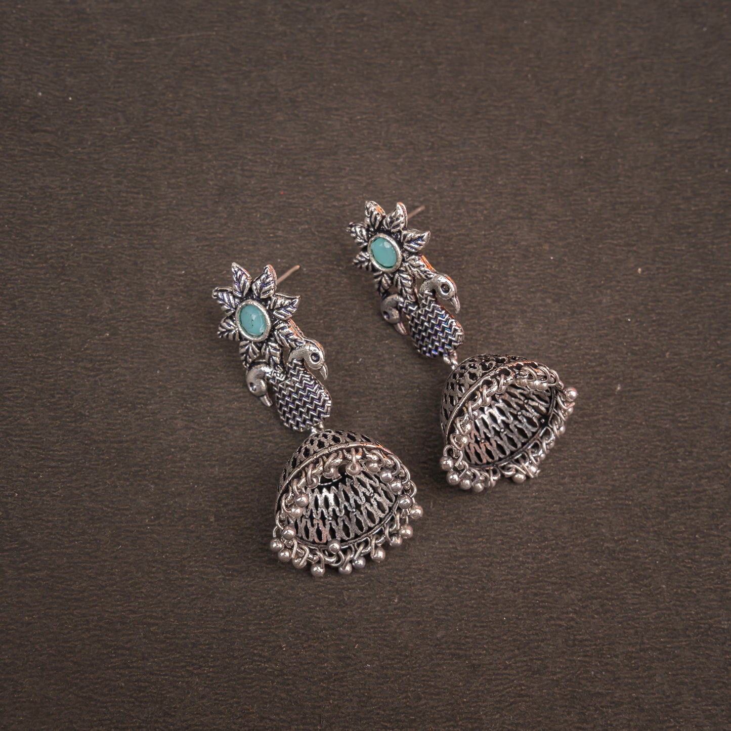 Mint Stone Studded Intricate Danglers With Hanging Jhumki