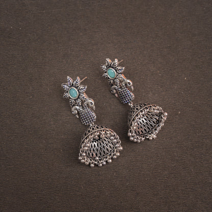 Mint Stone Studded Intricate Danglers With Hanging Jhumki
