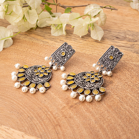 Yellow Stone Studded Statement Dangler Earrings