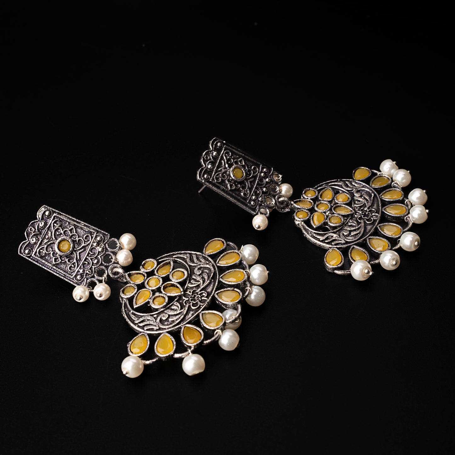Yellow Stone Studded Statement Dangler Earrings