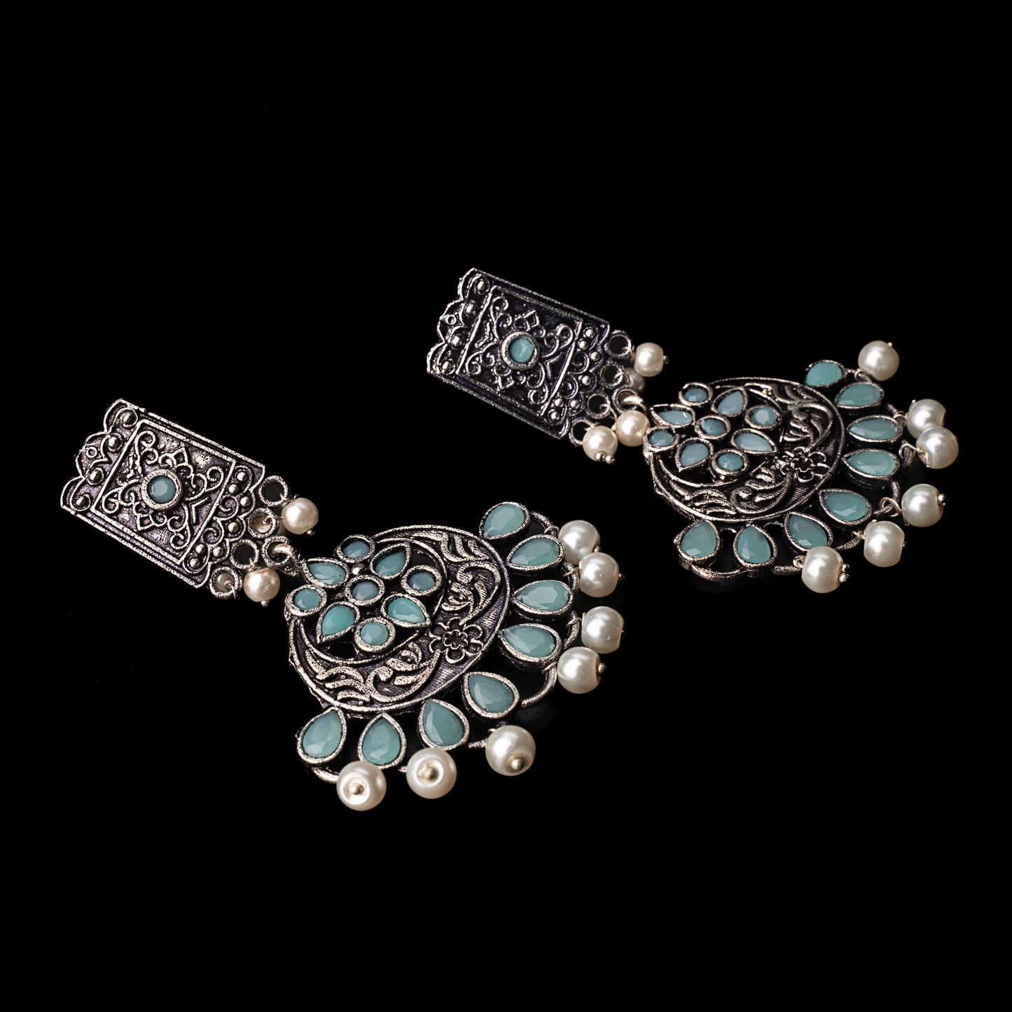 Mint Stone Studded Statement Dangler Earrings