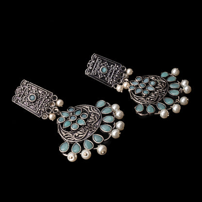 Mint Stone Studded Statement Dangler Earrings